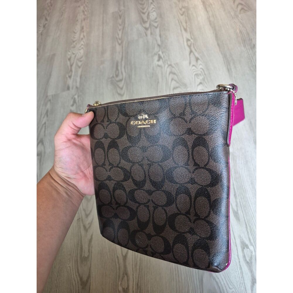 Coach Signature File Crossbody Bag Brown Pink PVC Leather Purse Handbag Fuchsia